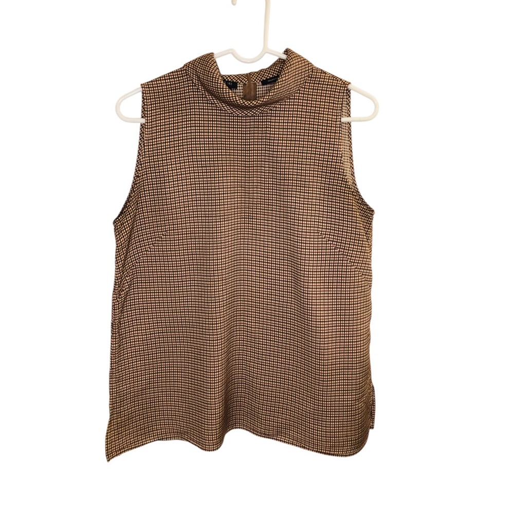Lafayette 148 Brown Tan Micro-Checkered Plaid Mock Cowl Neck Tank Blouse